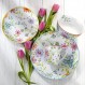 Euro Ceramica Charlotte Collection 석기, 16개 식기 세트, 4인용 서비스, 멀티컬러 화이트 핑크의 수채화 꽃무늬 디자인: 식기 세트