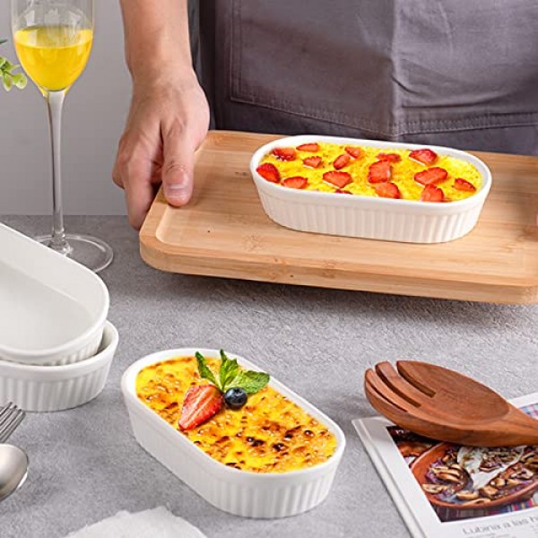 Delling 8온스 라메킨 - 수플레 요리 오븐용, 크림 브륄레 베이킹용 타원형 라메킨, 도자기 디저트 그릇, 6개 세트, 화이트
