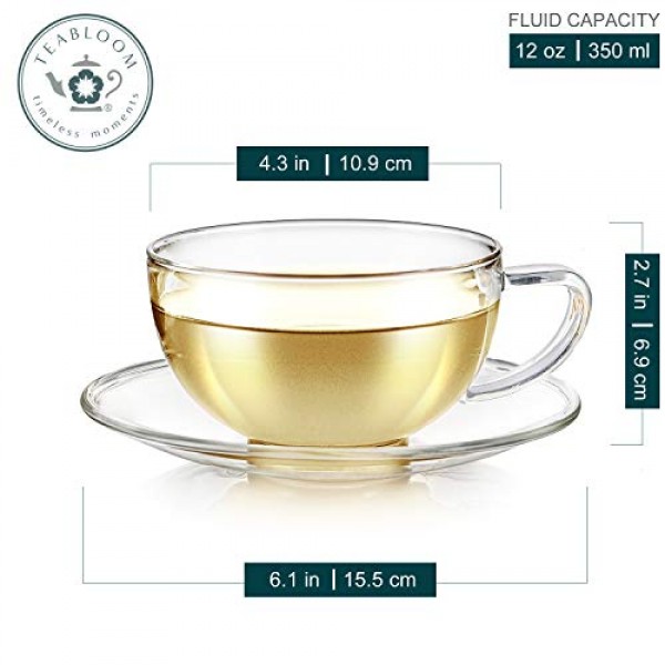 Teabloom 교토 찻잔 및 접시 세트 4팩 – 12OZ/350ML 용량 – 프리미엄 붕규산 유리 – 내열성, 전자레인지 사용 가능 – 유리 머그 세트