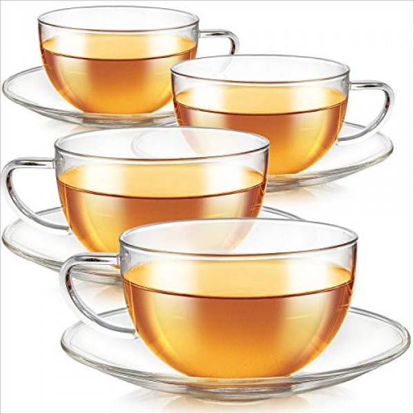 Teabloom 교토 찻잔 및 접시 세트 4팩 – 12OZ/350ML 용량 – 프리미엄 붕규산 유리 – 내열성, 전자레인지 사용 가능 – 유리 머그 세트