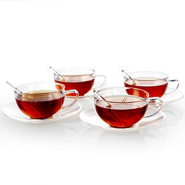 Teabloom 교토 찻잔 및 접시 세트 4팩 – 12OZ/350ML 용량 – 프리미엄 붕규산 유리 – 내열성, 전자레인지 사용 가능 – 유리 머그 세트