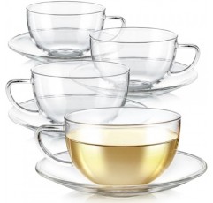Teabloom 교토 찻잔 및 접시 세트 4팩 – 12OZ/350ML 용량 – 프리미엄 붕규산 유리 – 내열성, 전자레인지 사용 가능 – 유리 머그 세트