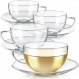 Teabloom 교토 찻잔 및 접시 세트 4팩 – 12OZ/350ML 용량 – 프리미엄 붕규산 유리 – 내열성, 전자레인지 사용 가능 – 유리 머그 세트