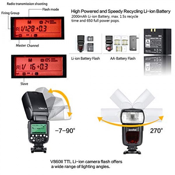 GODOX V860II-C 캐논 카메라용 카메라 플래시 스피드라이트 2.4G 무선 E-TTL 1/8000s 고속 동기화 GN60 스피드라이트 사진