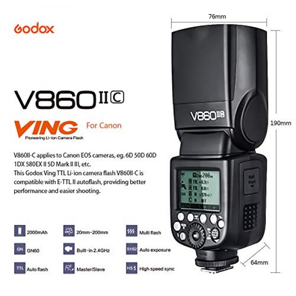 GODOX V860II-C 캐논 카메라용 카메라 플래시 스피드라이트 2.4G 무선 E-TTL 1/8000s 고속 동기화 GN60 스피드라이트 사진