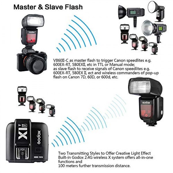 GODOX V860II-C 캐논 카메라용 카메라 플래시 스피드라이트 2.4G 무선 E-TTL 1/8000s 고속 동기화 GN60 스피드라이트 사진