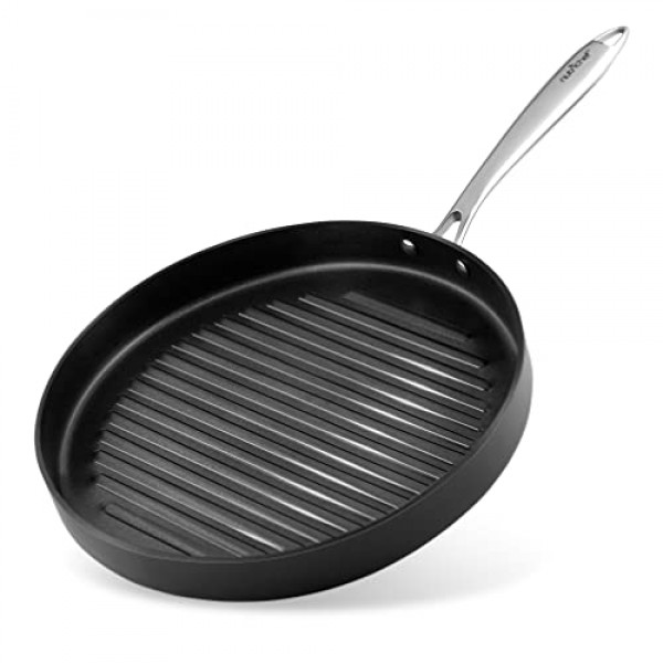 NutriChef 양극산화 처리된 붙지 않는 그릴 - 식기세척기 사용이 가능한 붙지 않는 그릴 팬 헤비 게이지 알루미늄 본체, 균일한 가열을 위해 경질 양극 처리된 표면, 최대