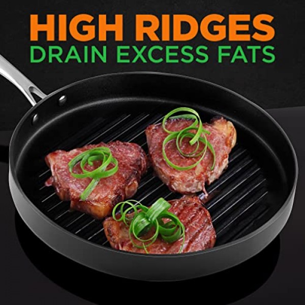 NutriChef 양극산화 처리된 붙지 않는 그릴 - 식기세척기 사용이 가능한 붙지 않는 그릴 팬 헤비 게이지 알루미늄 본체, 균일한 가열을 위해 경질 양극 처리된 표면, 최대