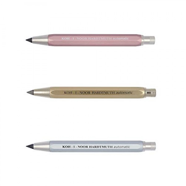 KOH-I-NOOR 5640 - 납 샤프너가 포함된 자동 금속 샤프 펜슬, 지뢰 강도 5.6mm - 3개 세트, 핑크, 골드, 실버