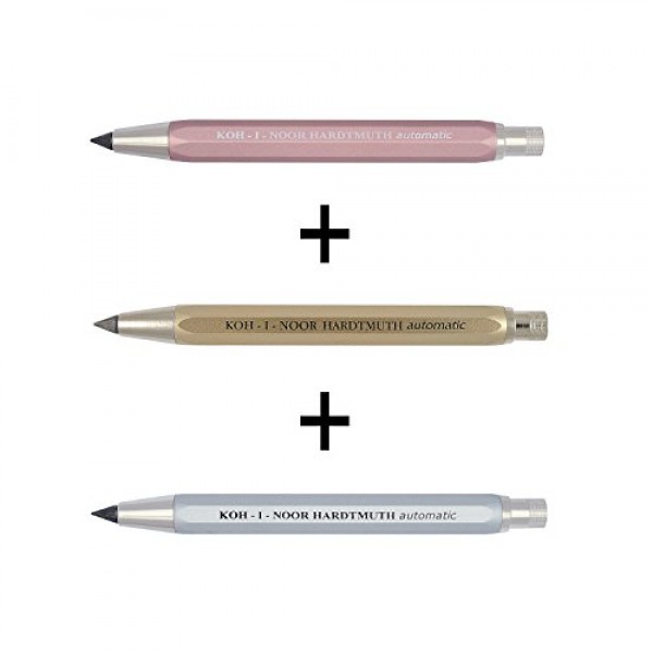 KOH-I-NOOR 5640 - 납 샤프너가 포함된 자동 금속 샤프 펜슬, 지뢰 강도 5.6mm - 3개 세트, 핑크, 골드, 실버