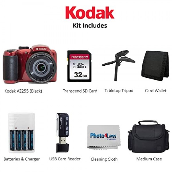 Kodak PIXPRO AZ255 디지털 카메라(빨간색), 간편 촬영 카메라 케이스, 32GB SD 메모리 카드, 충전식 배터리 및 충전기, USB 카드 리더기, 테이블 삼각대, 액세서리