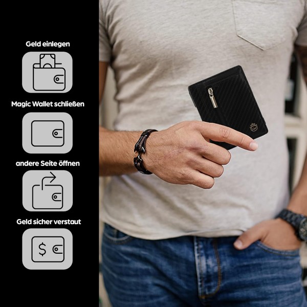 코인 포켓이 있는 Noah Noir Magic Wallet - TÜV 승인 RFID 보호(8개 카드 슬롯) Magic Wallet with Gift Box Carbon(카멜레온)