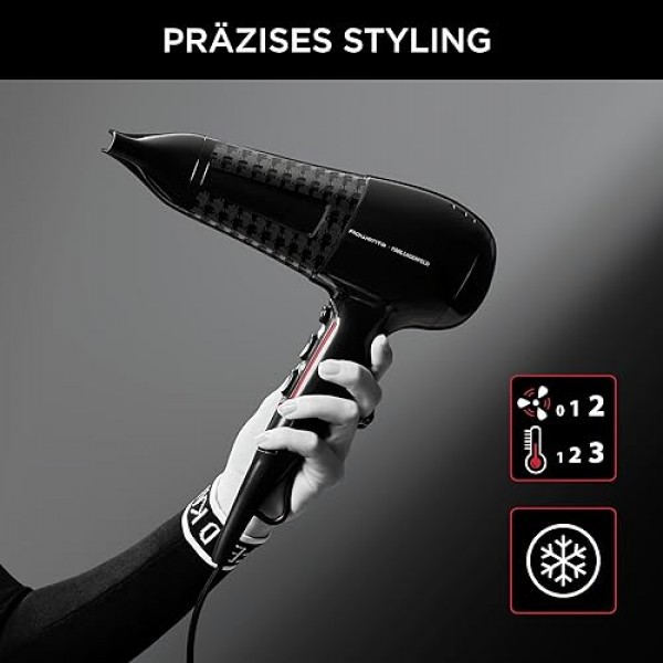 Rowenta x Karl Lagerfeld CV591L 파워라인 헤어 드라이어, 2100와트, 이온 부스터, 에너지 절약 모터, 냉풍 버튼, 6단계 속도/온도 설정, 온도 조절, 블랙/레드