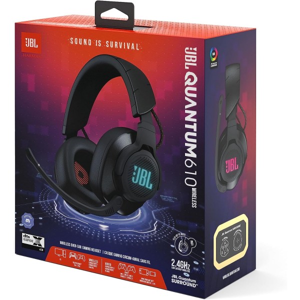 JBL Quantum 610 오버이어 게이밍 헤드폰 - 무선 2.4GHz 및 3.5mm 잭 - 플립업 붐 마이크 및 QuantumSurround 사운드 포함 - 블랙