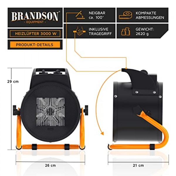 Brandson - 팬 히터 3000W - 세라믹 히터 - 과열 보호 기능이 있는 터보 전기 히터 - 매우 강력함 - 2개의 열 설정 - 건설 현장용 홈 워크샵 평면 차고 히터 - 오렌지