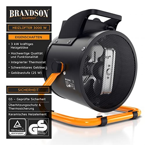 Brandson - 팬 히터 3000W - 세라믹 히터 - 과열 보호 기능이 있는 터보 전기 히터 - 매우 강력함 - 2개의 열 설정 - 건설 현장용 홈 워크샵 평면 차고 히터 - 오렌지
