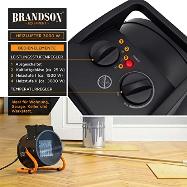Brandson - 팬 히터 3000W - 세라믹 히터 - 과열 보호 기능이 있는 터보 전기 히터 - 매우 강력함 - 2개의 열 설정 - 건설 현장용 홈 워크샵 평면 차고 히터 - 오렌지