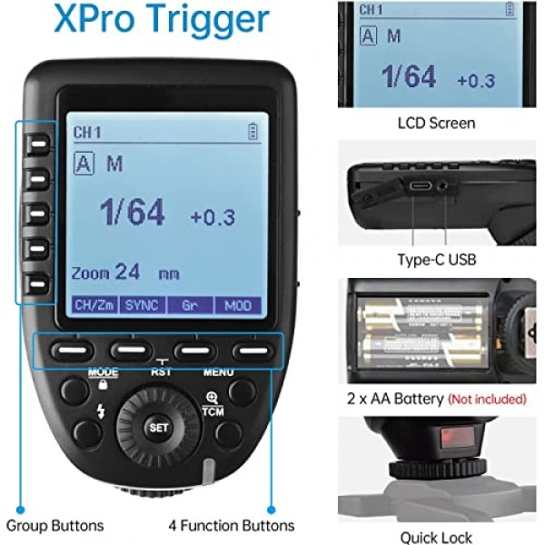 Sony TTL 2.4G 무선 1/8000s HSS용 Godox Xpro-S 플래시 트리거, 디자인 전용 그룹 버튼 5개 사용자 정의 가능한 기능 11개, 사진 조명용 Reomte 트리거