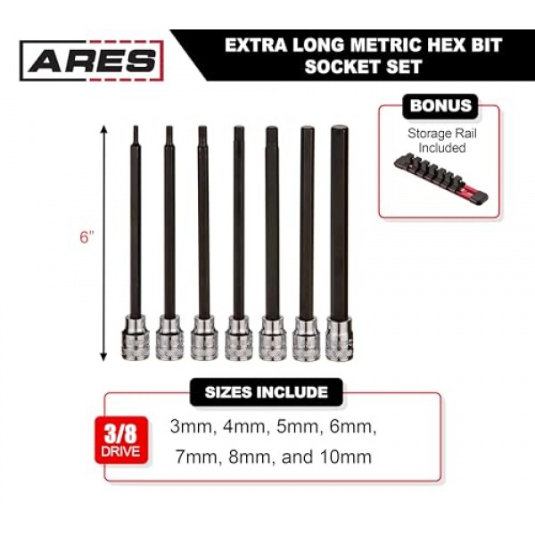 ARES 39007 - 매우 긴 미터법 육각 비트 소켓 세트 - S2 비트가 더 큰 토크 제공 - 편리한 보관 레일 포함 - 열처리된 크롬 바나듐 강철 소켓