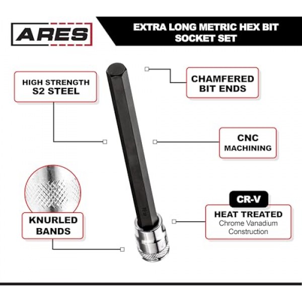 ARES 39007 - 매우 긴 미터법 육각 비트 소켓 세트 - S2 비트가 더 큰 토크 제공 - 편리한 보관 레일 포함 - 열처리된 크롬 바나듐 강철 소켓