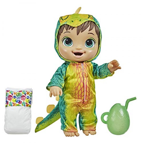 Baby Alive Dino Cuties 인형, 스테고사우루스, 인형 액세서리, 음료수, 젖병, 3세 이상 어린이용 스테고사우루스 공룡 장난감, 갈색 머리