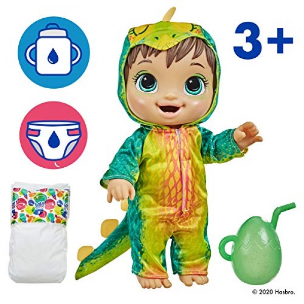Baby Alive Dino Cuties 인형, 스테고사우루스, 인형 액세서리, 음료수, 젖병, 3세 이상 어린이용 스테고사우루스 공룡 장난감, 갈색 머리