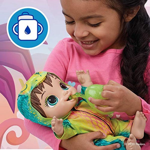 Baby Alive Dino Cuties 인형, 스테고사우루스, 인형 액세서리, 음료수, 젖병, 3세 이상 어린이용 스테고사우루스 공룡 장난감, 갈색 머리