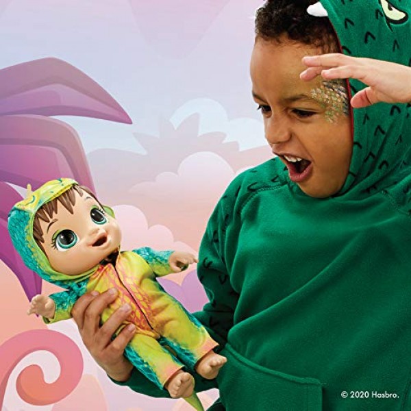 Baby Alive Dino Cuties 인형, 스테고사우루스, 인형 액세서리, 음료수, 젖병, 3세 이상 어린이용 스테고사우루스 공룡 장난감, 갈색 머리