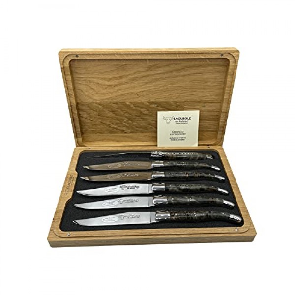 Laguiole en Aubrac 럭셔리 완전 단조 풀 탱 스테인레스 스틸 스테이크 나이프 6피스 세트, 안정화된 검은색 포플러 벌 손잡이, 스테인레스 스틸 광택 볼스터 포함