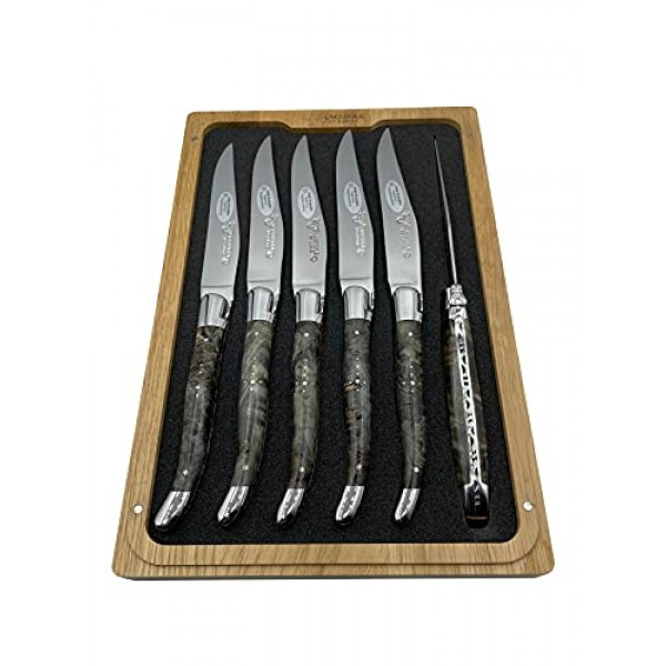 Laguiole en Aubrac 럭셔리 완전 단조 풀 탱 스테인레스 스틸 스테이크 나이프 6피스 세트, 안정화된 검은색 포플러 벌 손잡이, 스테인레스 스틸 광택 볼스터 포함