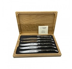 Laguiole en Aubrac 럭셔리 완전 단조 풀 탱 스테인레스 스틸 스테이크 나이프 6피스 세트, 안정화된 검은색 포플러 벌 손잡이, 스테인레스 스틸 광택 볼스터 포함
