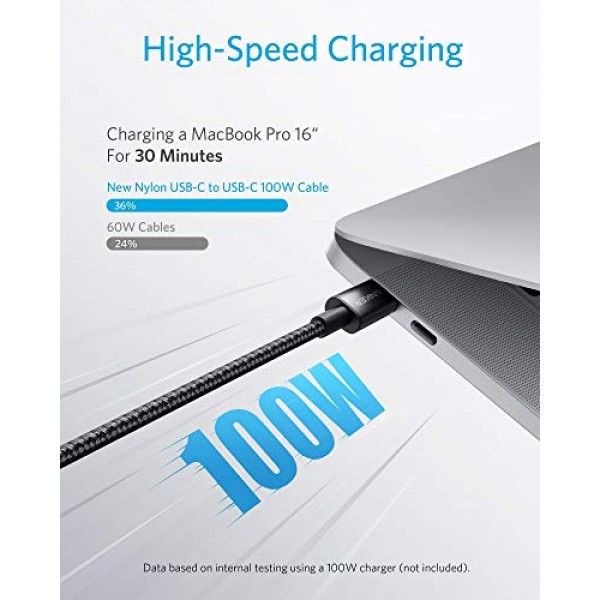 Anker USB C 케이블 100W 10피트, USB C - USB C 케이블 USB 2.0, 유형 C 충전 케이블 고속 충전, iPhone 15/15 pro, MacBook, iPad, Samsung Galaxy S23과 호환, 가정 및 일상 사용 가능