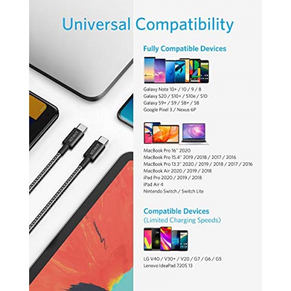 Anker USB C 케이블 100W 10피트, USB C - USB C 케이블 USB 2.0, 유형 C 충전 케이블 고속 충전, iPhone 15/15 pro, MacBook, iPad, Samsung Galaxy S23과 호환, 가정 및 일상 사용 가능
