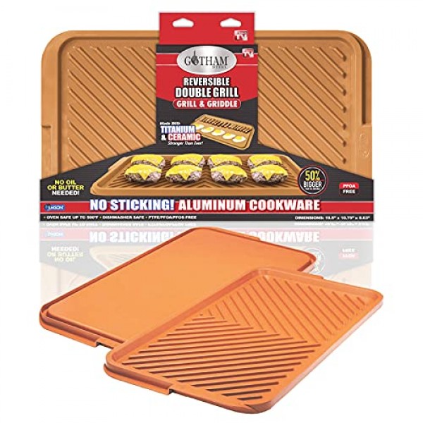 Gotham Steel XL Nonstick 2 in 1 철판 팬 및 쿡탑 및 실외용 그릴 팬, 가스 그릴용 양면 구리 철판 + 울트라 붙지 않는 무독성 오븐 안전 기능이 있는 스토브 탑 그릴 팬