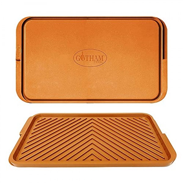 Gotham Steel XL Nonstick 2 in 1 철판 팬 및 쿡탑 및 실외용 그릴 팬, 가스 그릴용 양면 구리 철판 + 울트라 붙지 않는 무독성 오븐 안전 기능이 있는 스토브 탑 그릴 팬