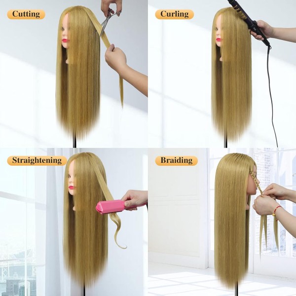 Hairdressing Head, DanseeMeibr Soft 50% 합성 헤어 미용 헤드 26-28 인치 전문 교육 헤드 미용 헤드 교육 헤드 홀더 + DIY 헤어 헤어스타일 세트(금발)