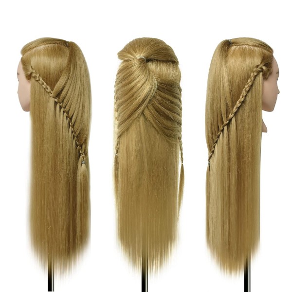 Hairdressing Head, DanseeMeibr Soft 50% 합성 헤어 미용 헤드 26-28 인치 전문 교육 헤드 미용 헤드 교육 헤드 홀더 + DIY 헤어 헤어스타일 세트(금발)