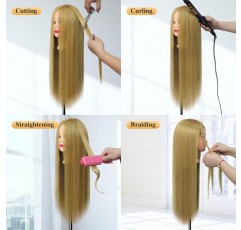 Hairdressing Head, DanseeMeibr Soft 50% 합성 헤어 미용 헤드 26-28 인치 전문 교육 헤드 미용 헤드 교육 헤드 홀더 + DIY 헤어 헤어스타일 세트(금발)