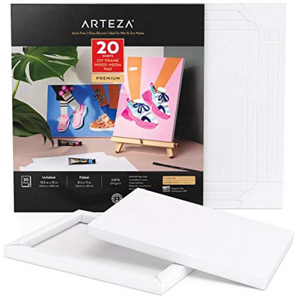 ARTEZA 혼합 미디어 종이 접이식 캔버스 패드, 8x11인치, 20매, DIY 프레임, 중량 멀티미디어 용지, 228lb, 370GSM, 무산소, 회화 및 혼합 미디어 아트용 미술 용품
