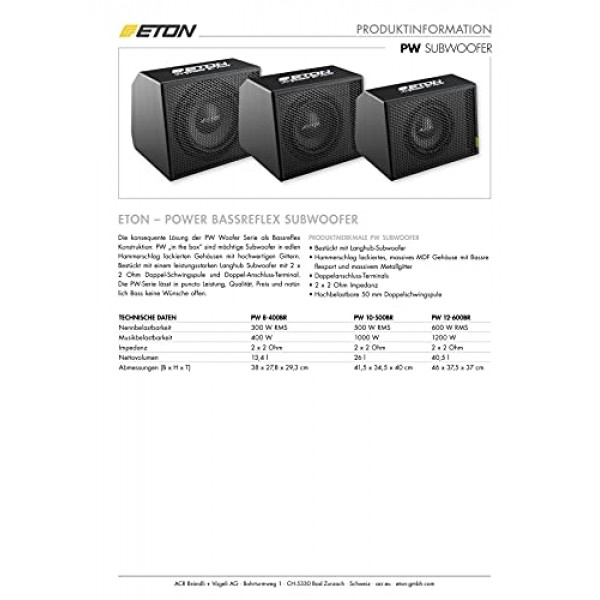 ETON PW 10-500 BR: 강력한 25cm/10인치 서브우퍼, 차량용 베이스 박스, 롱 스트로크 우퍼가 포함된 해머 도장 베이스 반사 하우징, 더블 보이스 코일, 2 x 2옴, 1000W