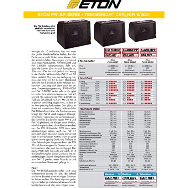ETON PW 10-500 BR: 강력한 25cm/10인치 서브우퍼, 차량용 베이스 박스, 롱 스트로크 우퍼가 포함된 해머 도장 베이스 반사 하우징, 더블 보이스 코일, 2 x 2옴, 1000W