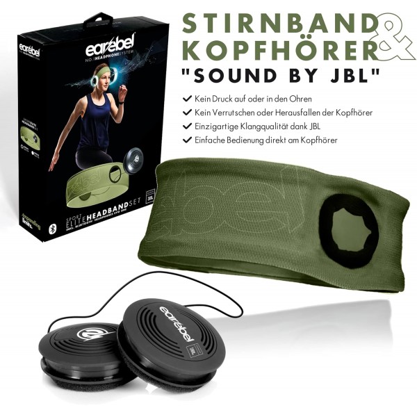 Earebel Sound by JBL Bluetooth 5.0 마이크 포함 온이어 헤드폰 - 달리기, 운동, 체육관, 트레이닝용 헤드폰이 있는 스포츠 엘리트 헤드밴드 아미 그린 - Apple UVM과 호환 가능. L/X