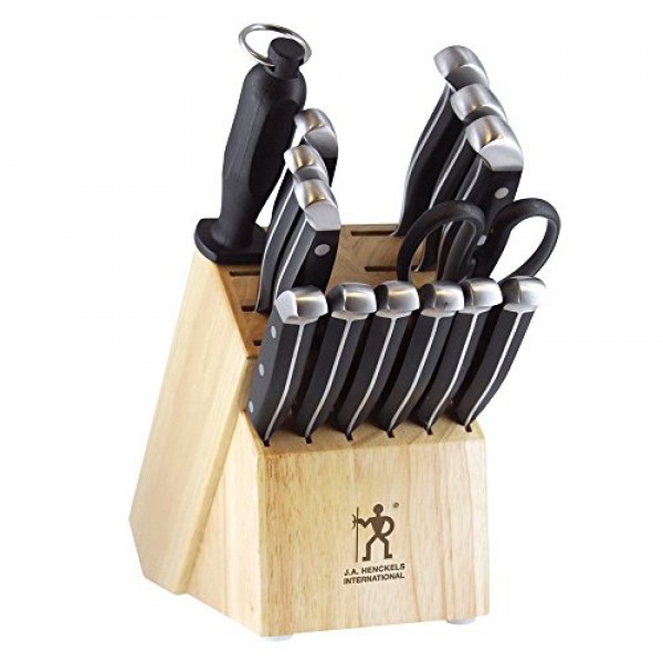HENCKELS 프리미엄 품질 15피스 칼 세트(블록 + KitchenIQ 50009 엣지 그립 2단 칼날 샤프너 포함)