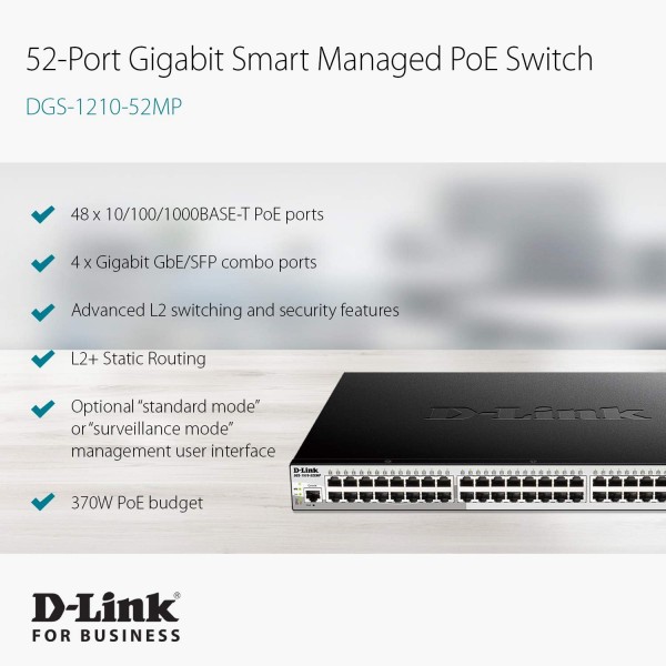 D-Link DGS-1210-52MP 기가비트 스마트+ 관리형 스위치(48 x 10/100/1000 BASE-T PoE 포트 및 4 x 100/1000 Mbit/s 콤보 포트)