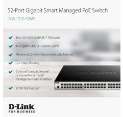 D-Link DGS-1210-52MP 기가비트 스마트+ 관리형 스위치(48 x 10/100/1000 BASE-T PoE 포트 및 4 x 100/1000 Mbit/s 콤보 포트)