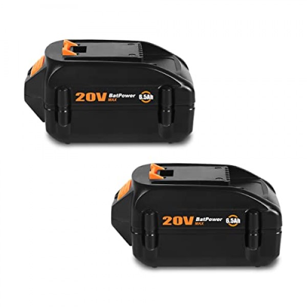 BatPower 2 팩 WA3578 20V 6.5Ah Worx 20V 배터리용 확장 용량 리튬 이온 배터리 6.0Ah 5.0Ah 4.0Ah 3.0Ah 2.0Ah WG630 WG322 WG543 WG163 WA3578 20V 배터리