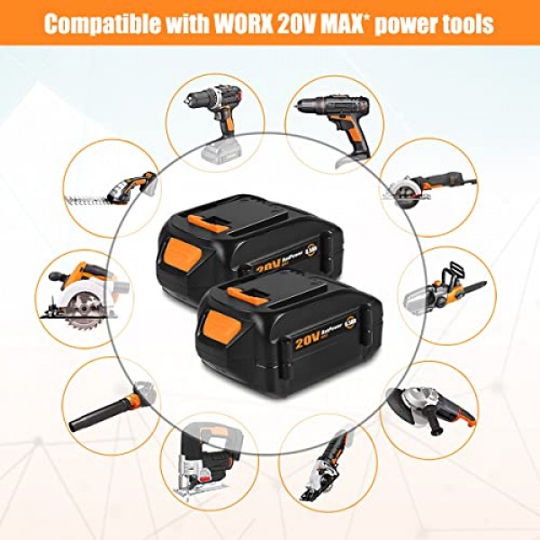 BatPower 2 팩 WA3578 20V 6.5Ah Worx 20V 배터리용 확장 용량 리튬 이온 배터리 6.0Ah 5.0Ah 4.0Ah 3.0Ah 2.0Ah WG630 WG322 WG543 WG163 WA3578 20V 배터리