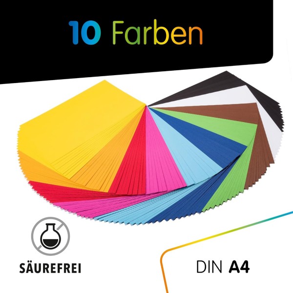 완벽한 ideaz • 100 Blatt Tone Paper DIN-A4, 10색, 130g/m2, MADE IN GERMANY Bunt DIN-A4