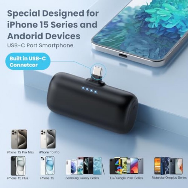 미니 휴대용 충전기 USB-C 전원 은행, 5200mAh 휴대용 전화 충전기, iPhone 15/15Plus/15Pro/15Pro Max와 호환되는 소형 플러그인 배터리 팩 Samsung S23/S22 Moto iPad Pro Android 전화 등