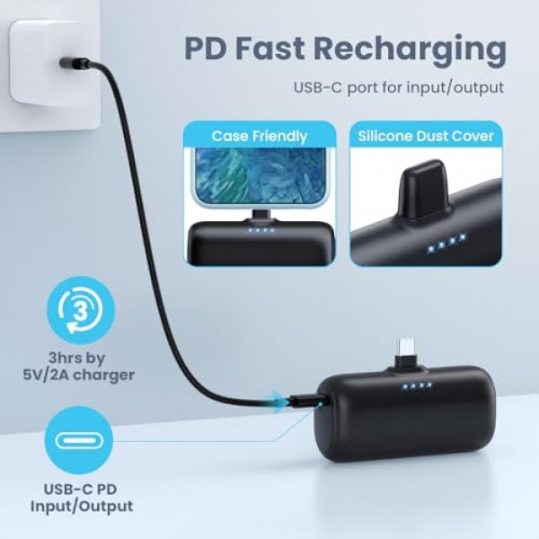 미니 휴대용 충전기 USB-C 전원 은행, 5200mAh 휴대용 전화 충전기, iPhone 15/15Plus/15Pro/15Pro Max와 호환되는 소형 플러그인 배터리 팩 Samsung S23/S22 Moto iPad Pro Android 전화 등
